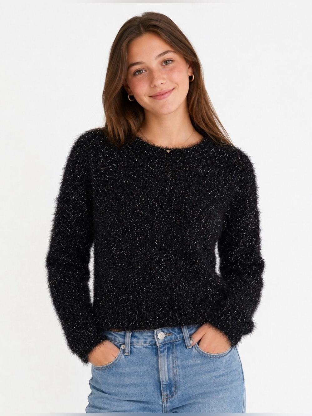 Art Class Black Fuzzy Metallic Pullover Sweater Girls XL 14 Eyelash Knit Sparkle